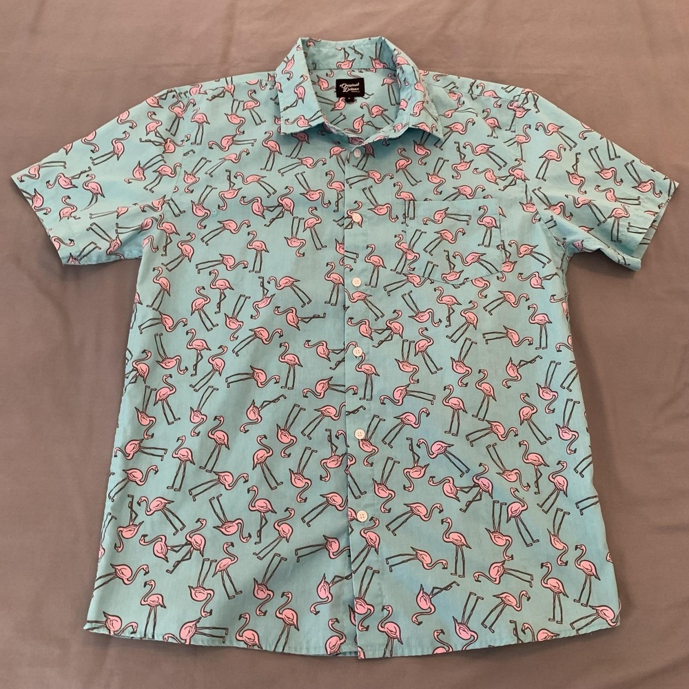Original Deluxe Supply Shirt Mens Large Blue Flamingo Short Sleeve Button Front